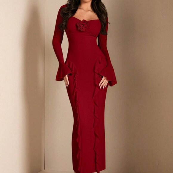 Red Elegant Women's Flounce Trim Long Sleeve Fitted Dress - Picture 1 of 8